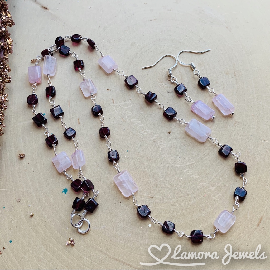 Garnet, Rose Quartz Gemstone Sterling Necklace Set